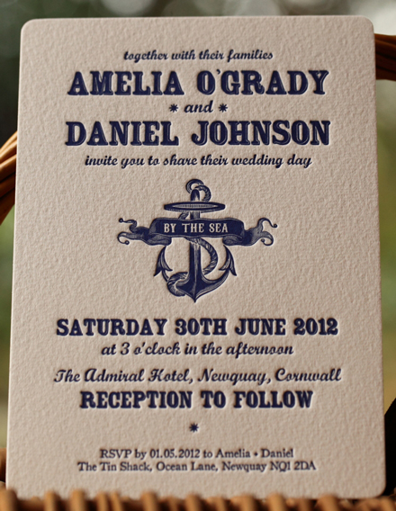 This nautically themed wedding invitation has been letterpressed onto 425gsm